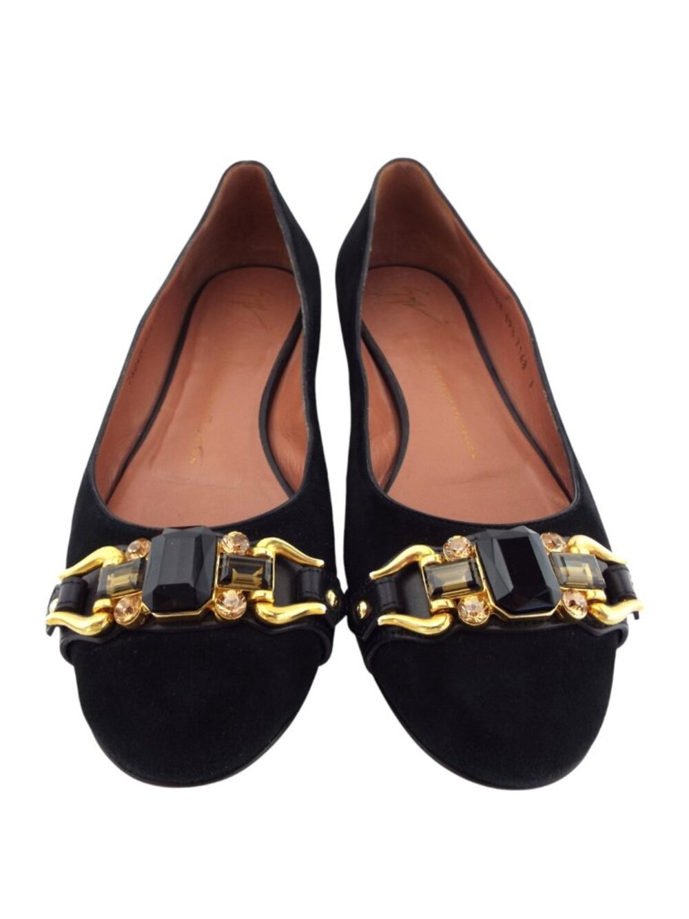 GIUSEPPE ZANOTTI Black Suede Leather Jeweled Buckle Ballet Flats 39.5